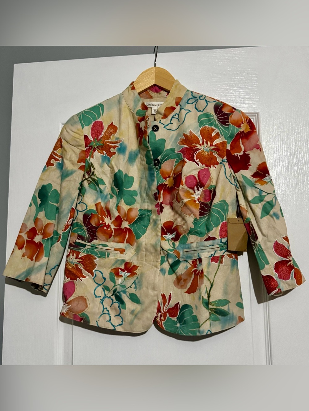 Coldwater Creek Floral High Neck  Stand-Collar Blazer in Cream, Green & Rust